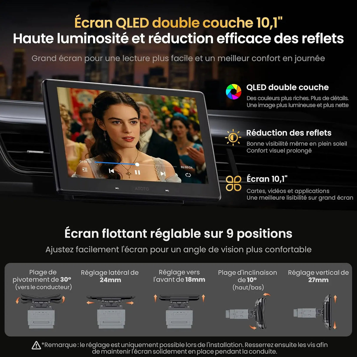 ATOTOEXCEL V10 10.1 Pouces 2 DIN & 1 DIN Autoradio Android, 6G+128G, 4G LTE/Wi-FI, Karaoké embarqué,DVR 4 canaux,DSP 32 Bandes,CarPlay&Android Auto sans Fil, BLuetooth5.4 Con aptX HD, Suivi GPS