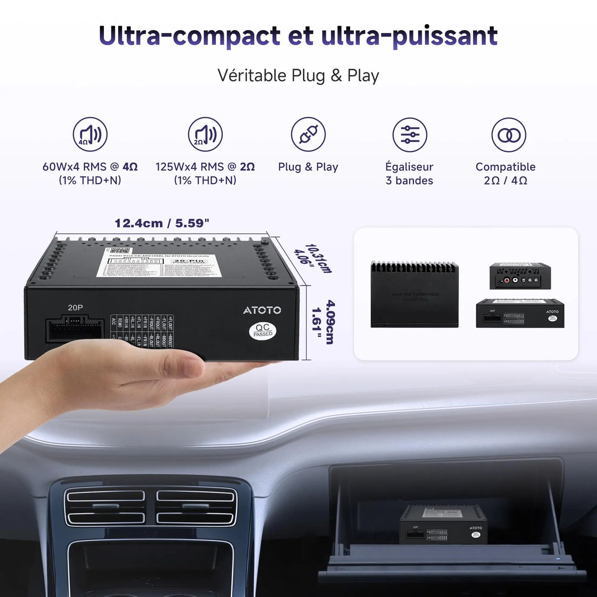 ATOTO CA-AEC122DL Amplificateur Auto Compact 4x60W RMS, 4 Canaux, Classe D TI TPA3221, Câble d’Alimentation 2m, EQ Personnalisable, Compatible avec Autoradios ATOTO