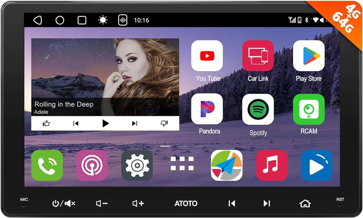 ATOTO A6G209PL 9" Double Din Car Stereo, QLED Display, 8-Core Android, 4G+64G, 4G LTE WiFi/BT/USB Tethering, Wireless CarPlay & Android Auto, MirrorLink, Dual Bluetooth, DSP, FM Radio, In-Dash Navigation