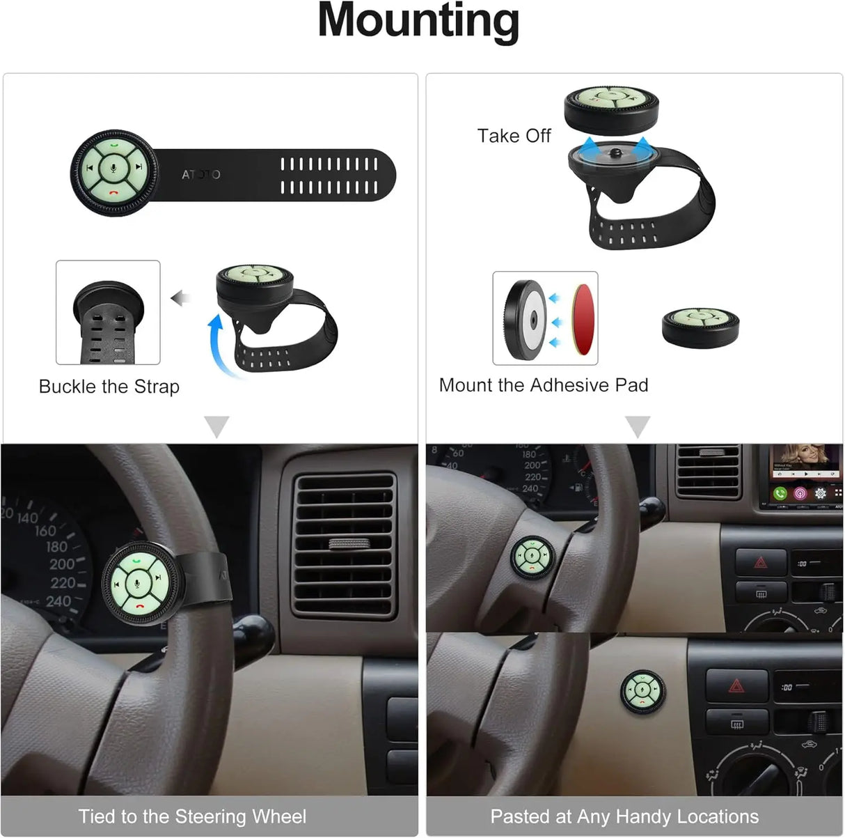 ATOTO AC-44F8 Wireless Steering Wheel Remote - Luminous Button, Key Mapping, Universal Fit for Car Stereos, Watchband Style