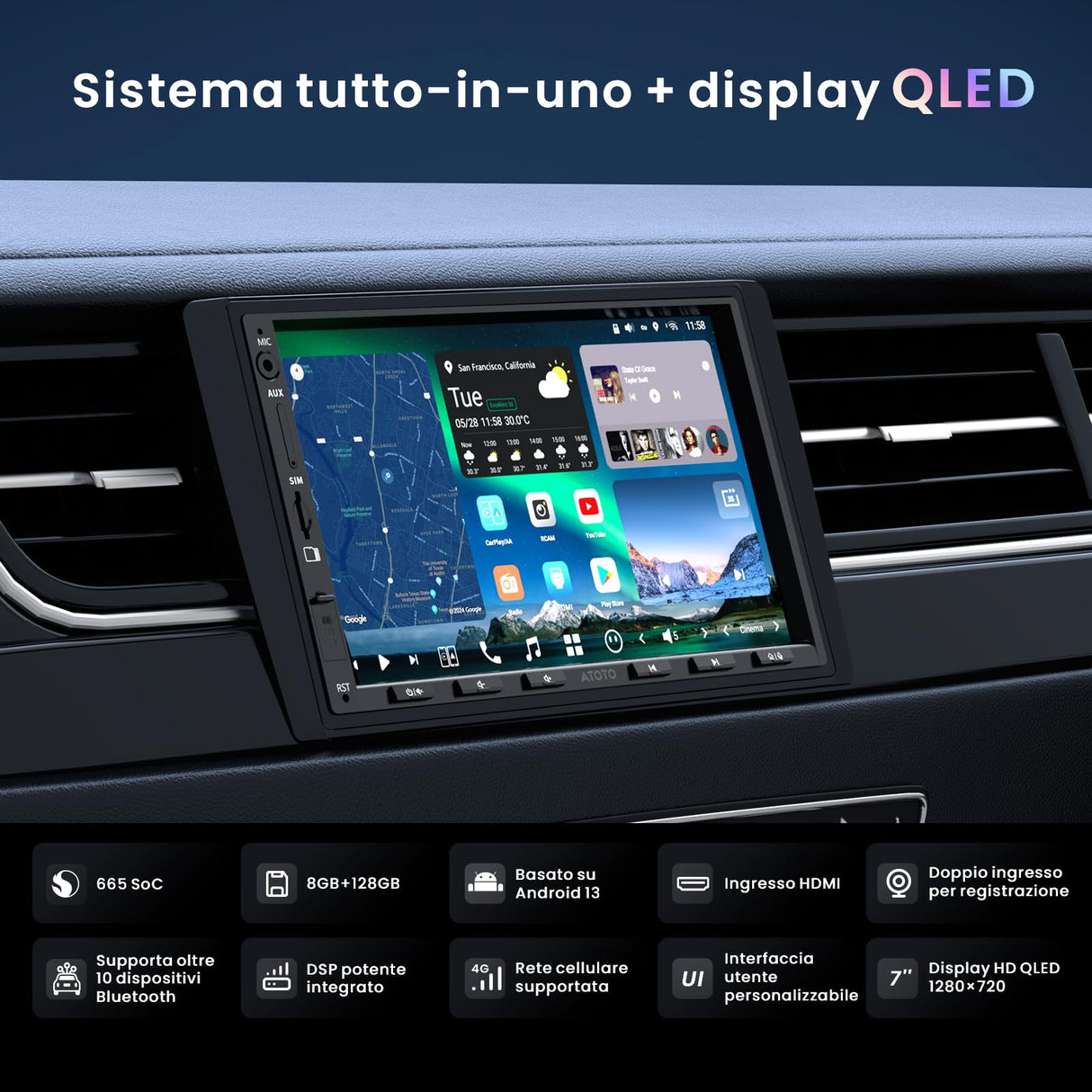 ATOTOZONE X10G2A7E Pulsante Android Da 7 Pollici Con Navigazione Integrata,8+128G Stereo Auto Double DIN, ChatGPT AI, 4G LTE, CarPlay & Android Auto Senza Fili, Doppio Telefono & Bluetooth