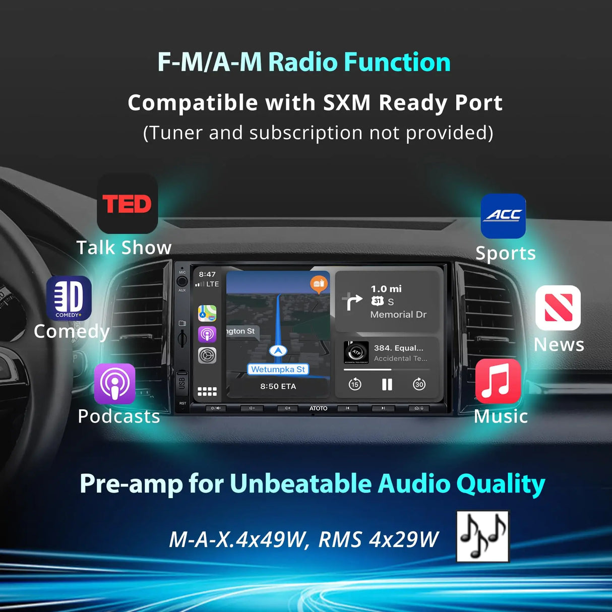 Double Din Car Stereo with Wireless CarPlay & Android Auto, 7 inch QLED CarPlay Screen for Car, SXM Ready, Quick Charge, Bluetooth Car Radio with Live Rear View, MirrorLink, USB/AUX/SWC, F7G2A7-XE-N