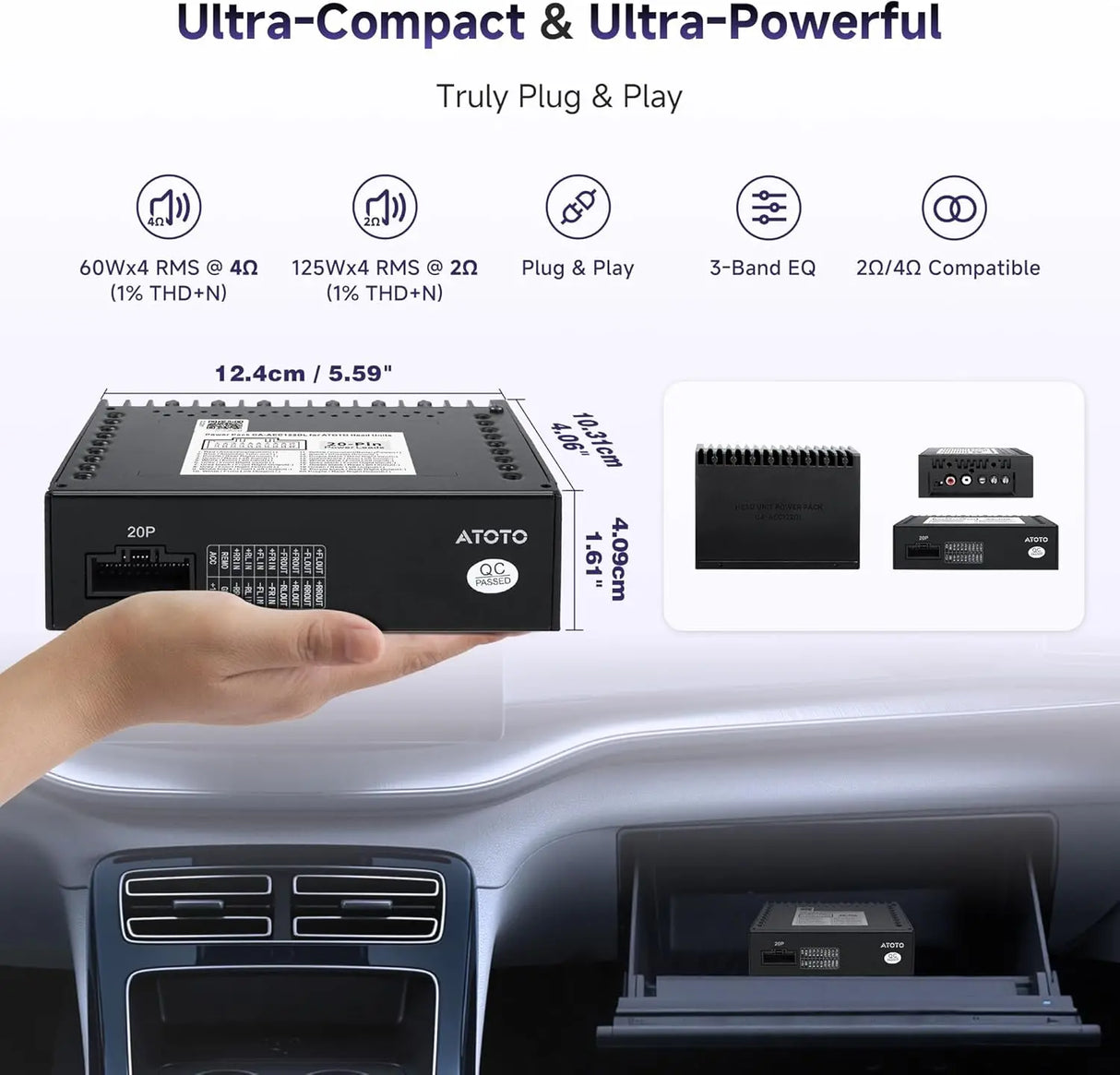 ATOTO CA-AEC122DL Amplificatore Auto Compatto 4x60W RMS, 4 Canali, Classe D TI TPA3221, EQ Personalizzabile, Cavo Alimentazione 2m, Compatibile con Stereo ATOTO