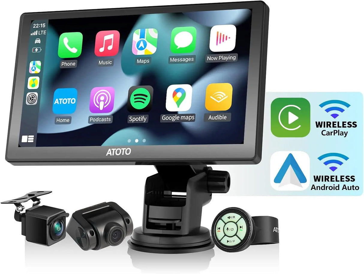 ATOTO P807PR Wireless CarPlay Screen for Car, 7 inch Portable Car Stereo with Android Auto, 1080P Dual Recording Cameras, Remote Control, WDR & Auto Dimmer, Support Up to 128G SD
