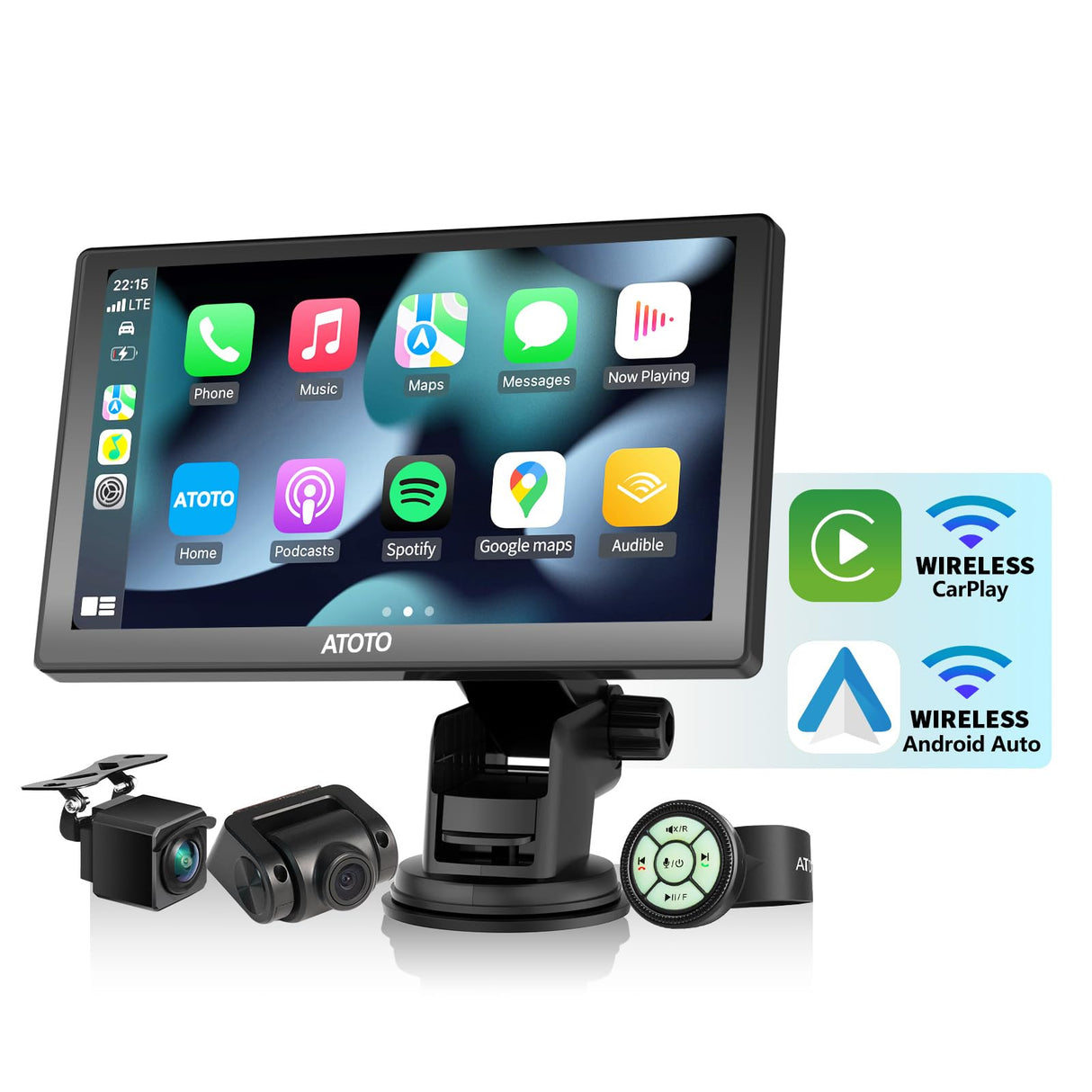 ATOTO P807PR Wireless CarPlay Screen for Car, 7 inch Portable Car Stereo with Android Auto, 1080P Dual Recording Cameras, Remote Control, WDR & Auto Dimmer, Support Up to 128G SD