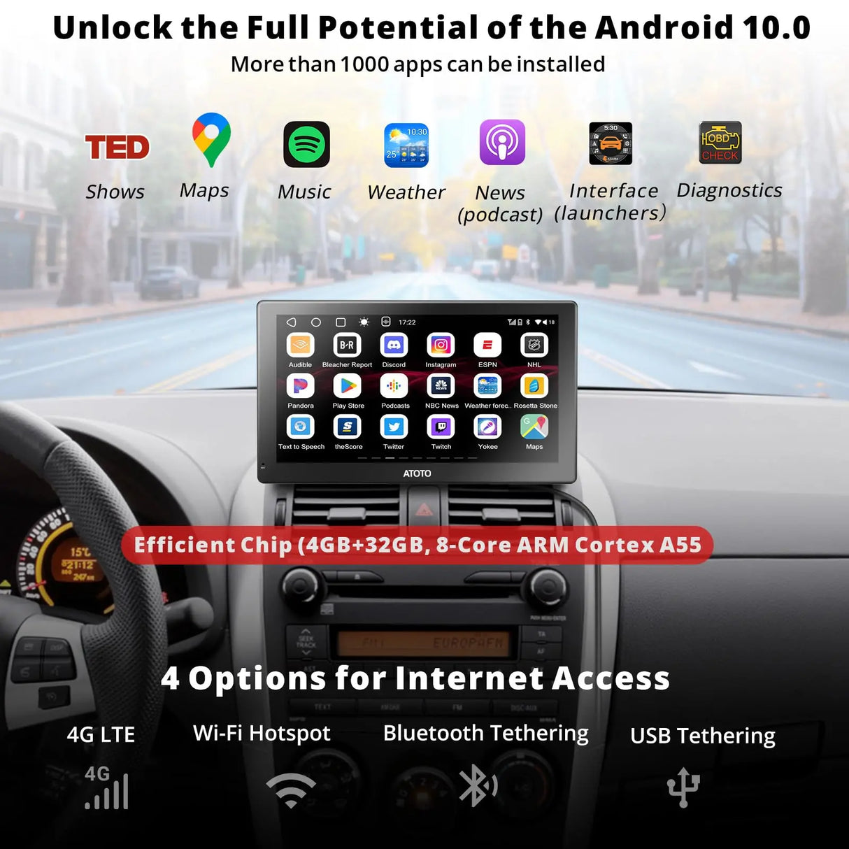 ATOTO 9" GPS Navigation, Dashcam, Backup Camera, Wireless CarPlay and Android Auto, 4G+32G, Dual Bluetooth, WiFi, Android System, In-Dash GPS Navigation