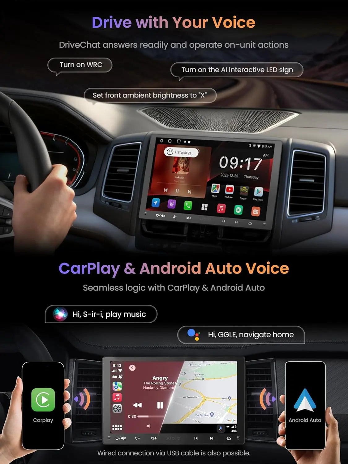 ATOTO A5LG209T 9" Double Din Head Unit with Android OS, ChatGPT AI Assistant, GPS Tracking, Wireless CarPlay & Android Auto, WiFi Internet Access, 2G+32G, 24-Band EQ DSP, FM/AM Radio