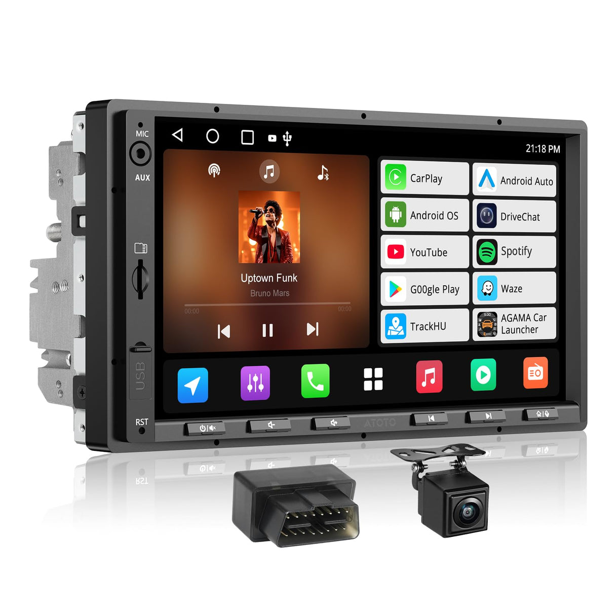 ATOTONA Android Double Din Car Stereo & Backup Camera, Wireless CarPlay&Android Auto 7-Inch Touchscreen, OBD2 Scanner, GPS Navigation, MirrorLink, WiFi/USB/Bluetooth, 2G+32G, Built-in DSP, FM/AM/TF