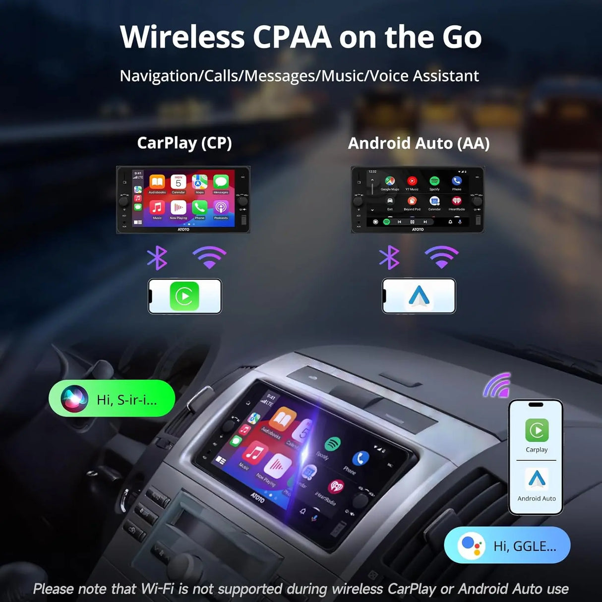 ATOTO A5LTYB7T 7" Double Din Car Stereo, Wireless CarPlay & Android Auto, Compatible with Toyota, Touchscreen, Wi-Fi/BT Tethering, 24 Band EQ DSP, FM/AUX/TF, 2G+32G
