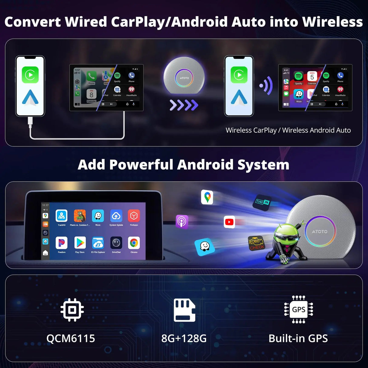 ATOTO CB6 Wireless CarPlay Adapter, 8+128GB, Dual BT, GPS, AI Voice