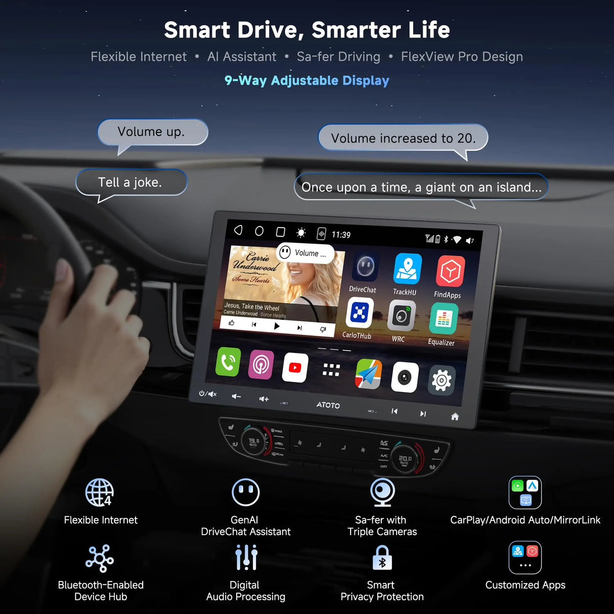 ATOTO S8G1104MS 10" Single Din & Double Din Car Stereo, Floating Display, 4G+32G, 4G LTE, Wireless CarPlay and Android Auto, Dual Bluetooth, AI-Powered, Android Radio