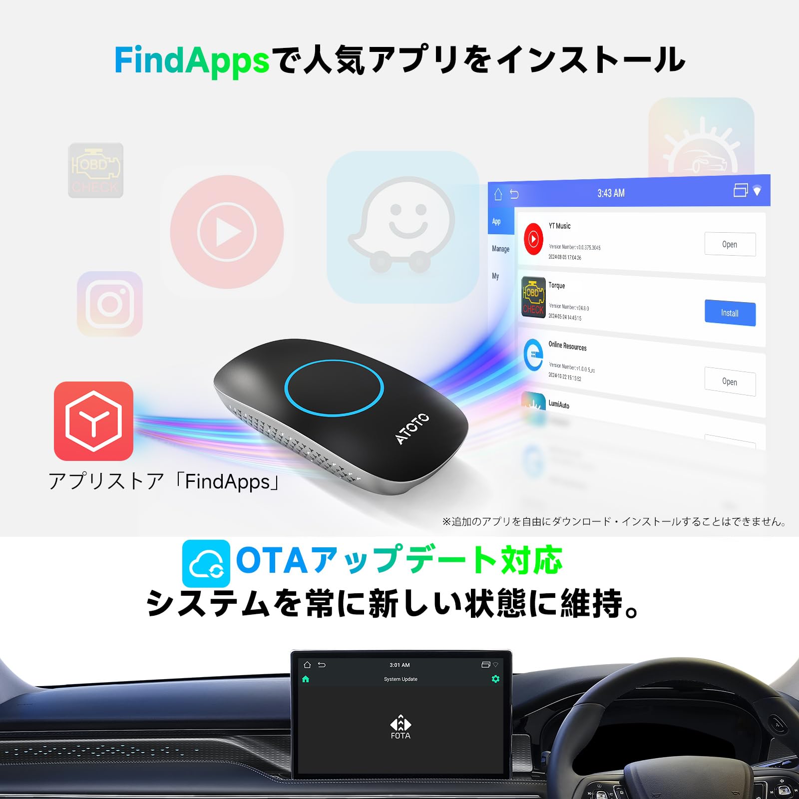 ATOTO CB4DT ワイヤレスCarPlayアダプター AIボックス OBD2スキャナー