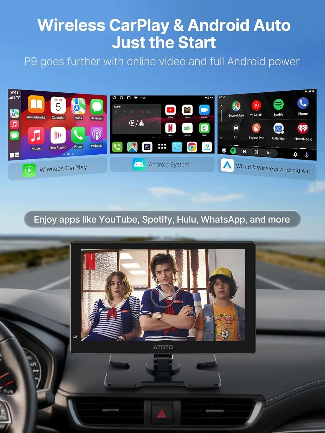 ATOTO P909PR1N-S3 9" QLED Portable Car Display – Dash Cam DVR & AHD Rear Camera Ready, Wireless CarPlay & Android Auto, Full Android, 4G LTE, Dual BT, AI Voice