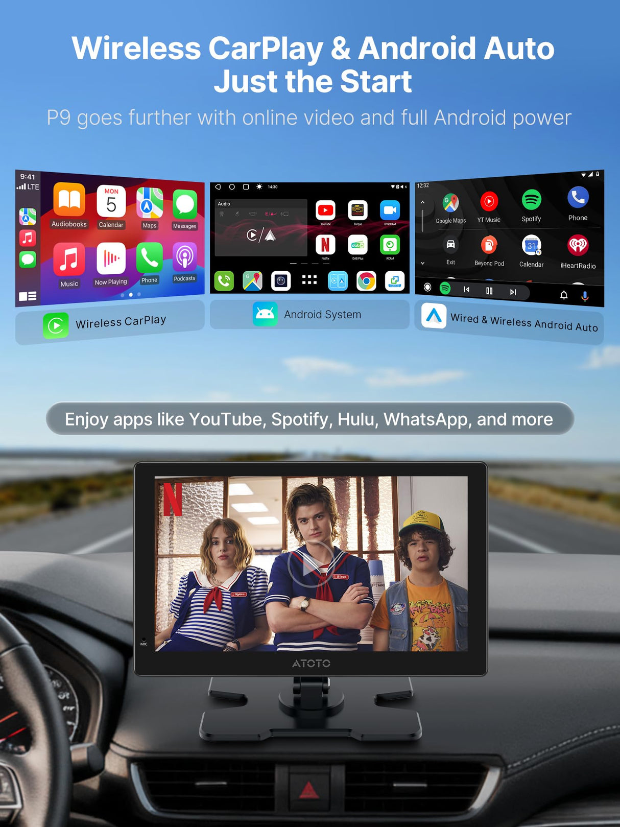 ATOTO P909PR1N-S2 9" QLED Portable Android CarPlay Screen, Wireless CarPlay & Android Auto, Backup Camera, Netflix/YouTube, AI, GPS, Dual BT, MirrorLink, 4G LTE