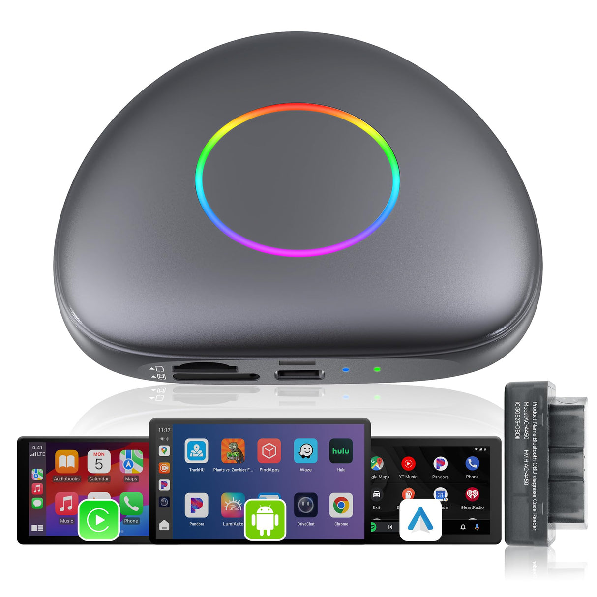 ATOTO boîtier CarPlay IA CB6 – Dongle WIFI con Mini OBD II, Android Auto y CarPlay inalámbrico, 8GB+128GB, Streaming para coche con 4G, Wi-Fi, Doble Bluetooth, USB, GPS integrado, Asistente IA, microSD, OTA