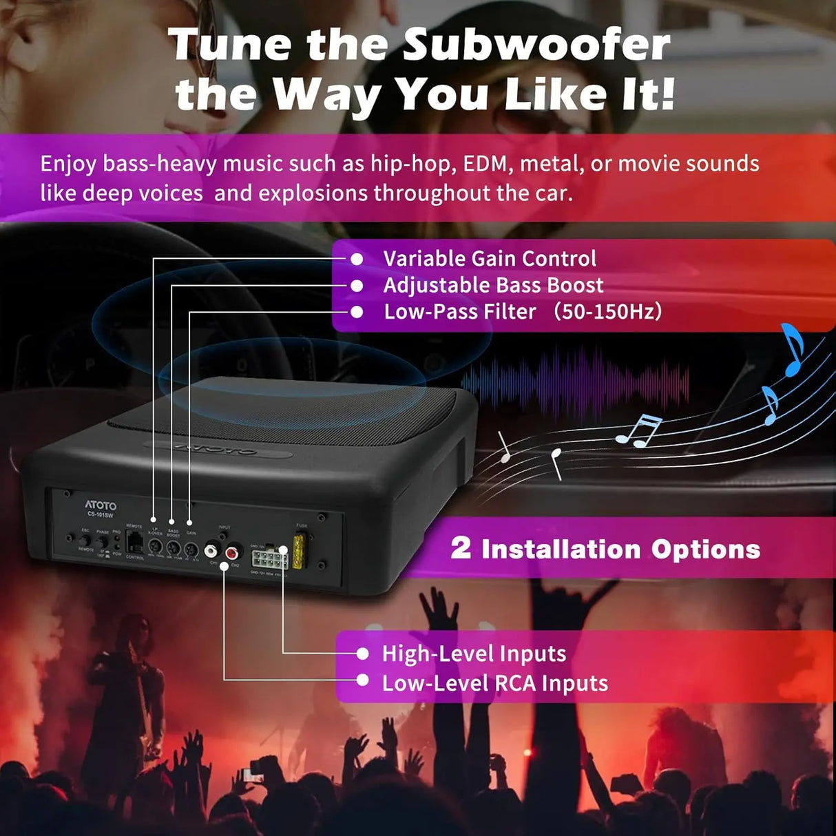 ATOTO 10 inch Under Seat Powered Car Subwoofer with Built-in Amp, Ultra Slim Active Amplified Subwoofer with Variable Bass Boost, 400W Max Power, Remote Sub Control