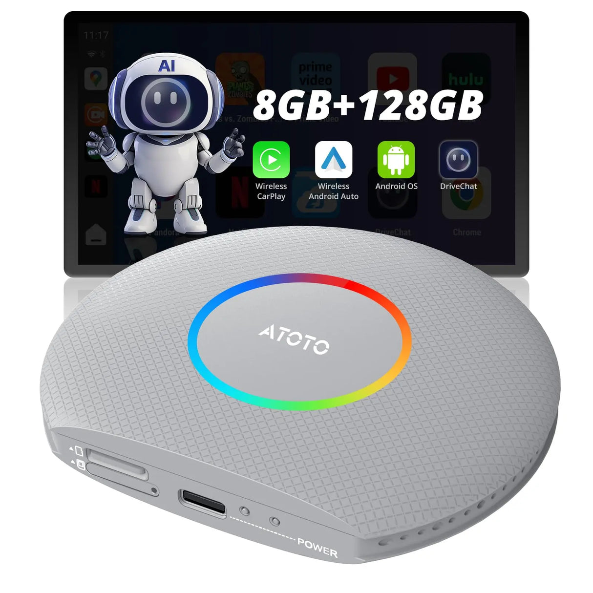 ATOTO CB6 Wireless CarPlay Adapter, 8+128GB, Dual BT, GPS, AI Voice