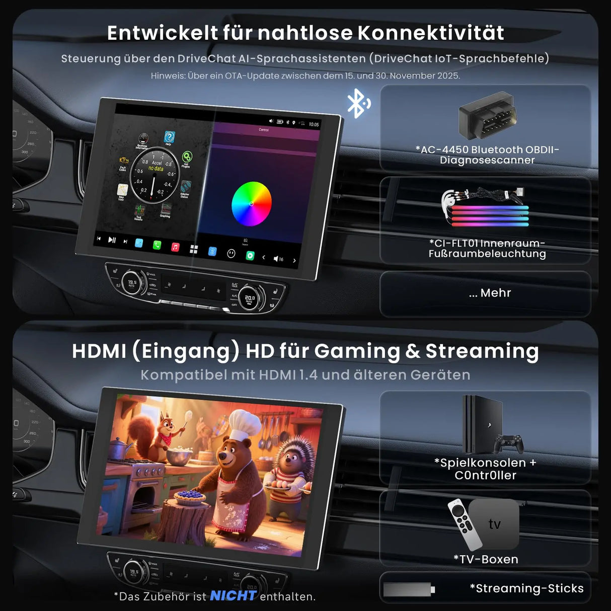 ATOTO X10G125E-R3 12,5" QLED Android Autoradio 1 & 2 DIN mit Dashcams vorne & hinten, kabelloses CarPlay & Android Auto, AI, 36-Band EQ, Dualband-WLAN