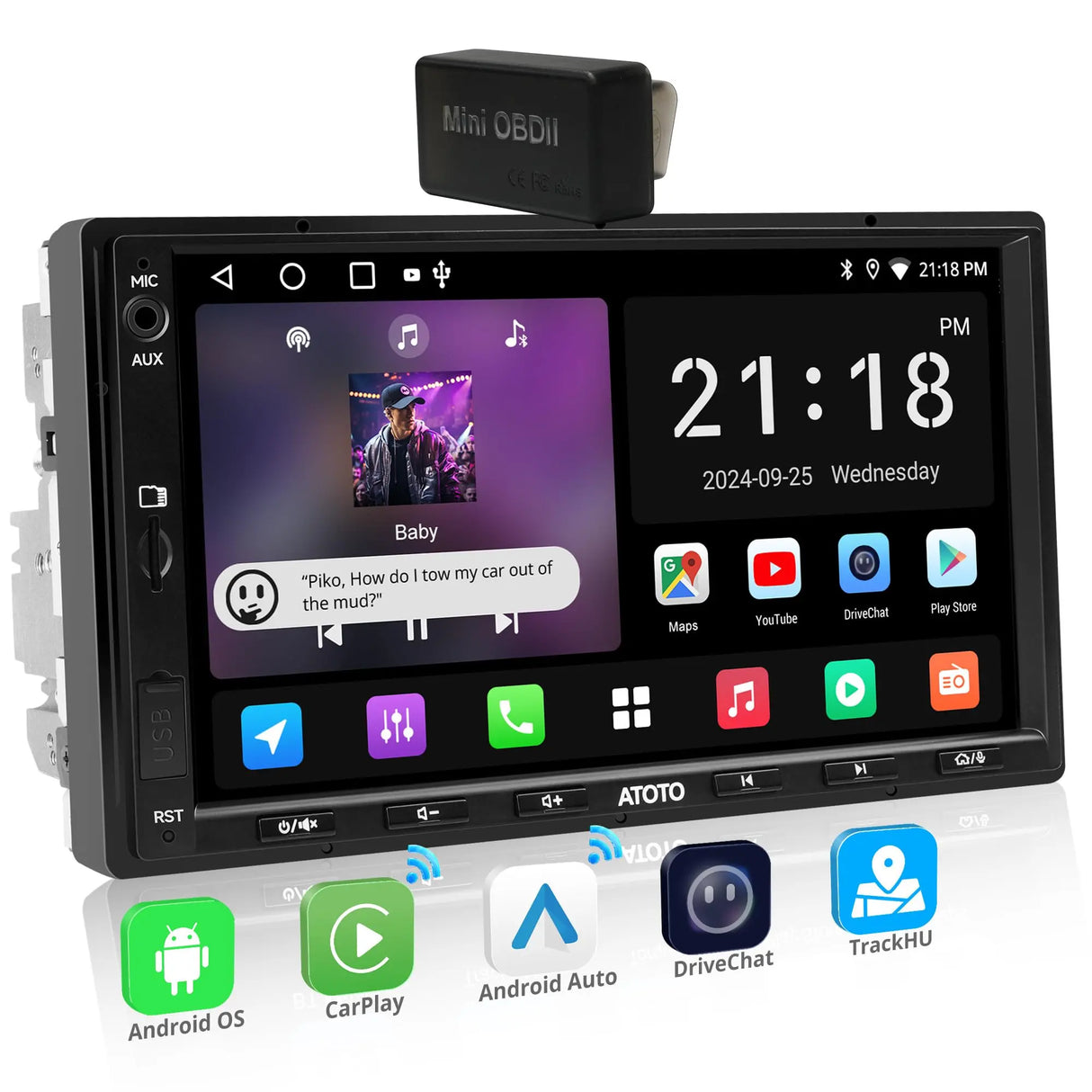 ATOTOEXCEL A5L Android Double DIN Car Stereo with OBD II, 7 inch 1280 x720 IPS Touchscreen, 2G+32G, Wireless Carplay Android Auto Double DIN Radio, 24-B EQ DSP, GPS Tracker, Bluetooth,FM/AM