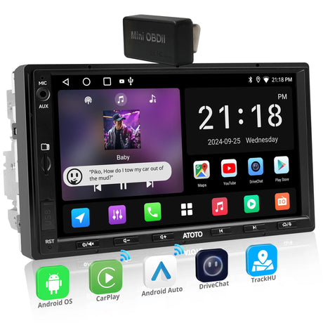 ATOTOEXCEL A5L Android Double DIN Car Stereo with OBD II, 7 inch 1280 x720 IPS Touchscreen, 2G+32G, Wireless Carplay Android Auto Double DIN Radio, 24-B EQ DSP, GPS Tracker, Bluetooth,FM/AM