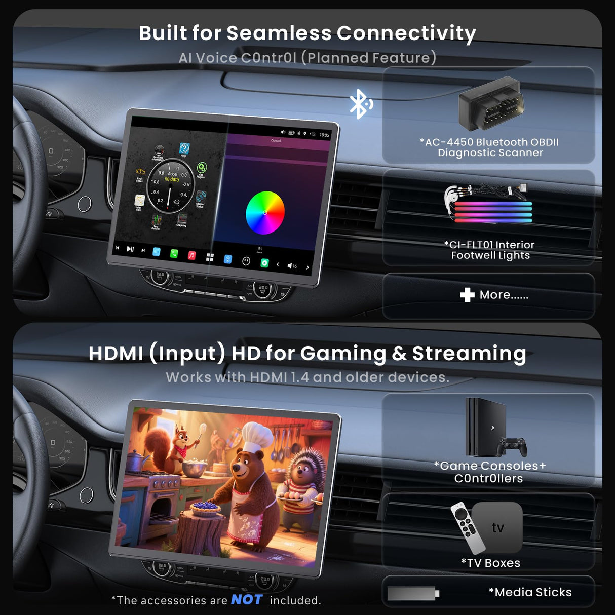 14.1" QLED Single Din & Double Din Adaptive AI Android Car Stereo, 8G+128G, Flexview Display, 7.1.2 Surround Audio, 4G LTE, Dual-Band WiFi, 36B-EQ, Wireless CP & AA,ADS Protocol Compatible, X10G141E