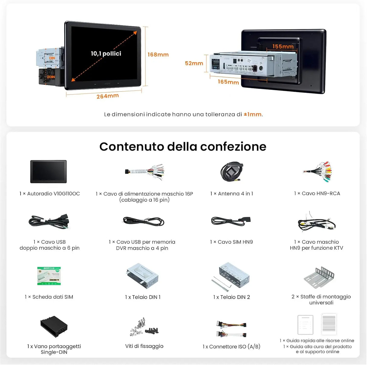 ATOTOEXCEL V10 10.1" 2din e Adattivo 1din Autoradio Android,6G+128G, 4G LTE/Wi-Fi,Karaoke in auto,DVR 4 canali, CarPlay e Android Auto Senza fili,DSP 32B-EQ,BT 5.4, Assistente IA,Tracciamento GPS