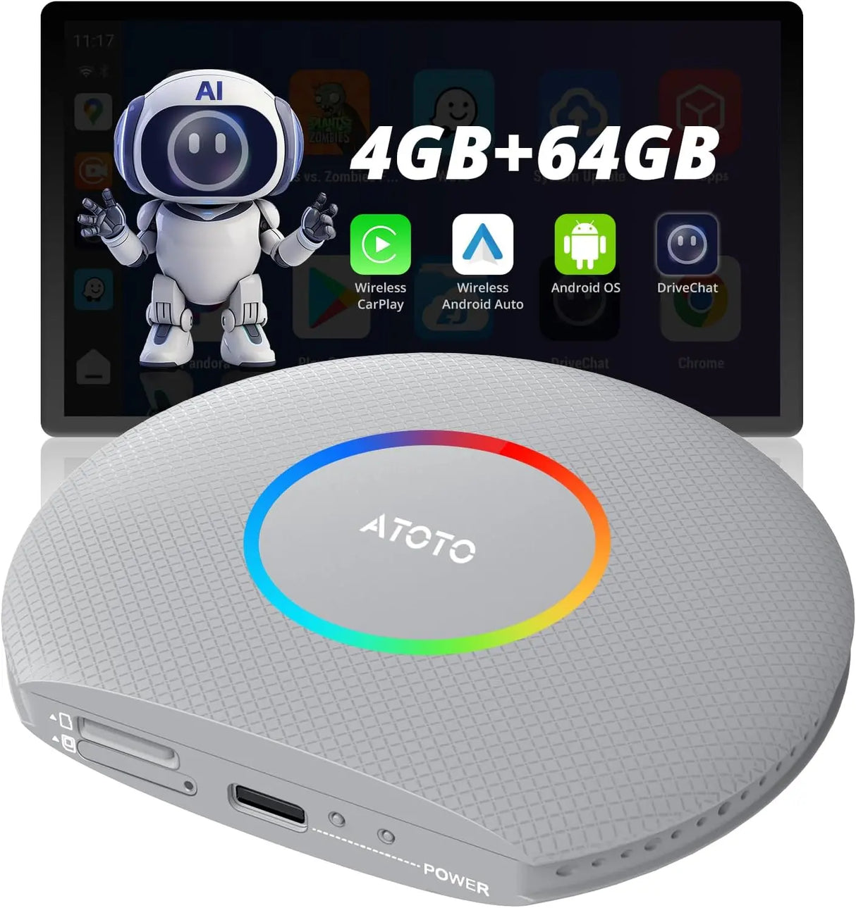 ATOTO CB6 Dongle WIFI AI Android Inalámbrico, Adaptador de CarPlay Cableado a Inalámbrico, Bluetooth, Voz AI, GPS, 4+64GB, Compatible con muchas apps (Plata)