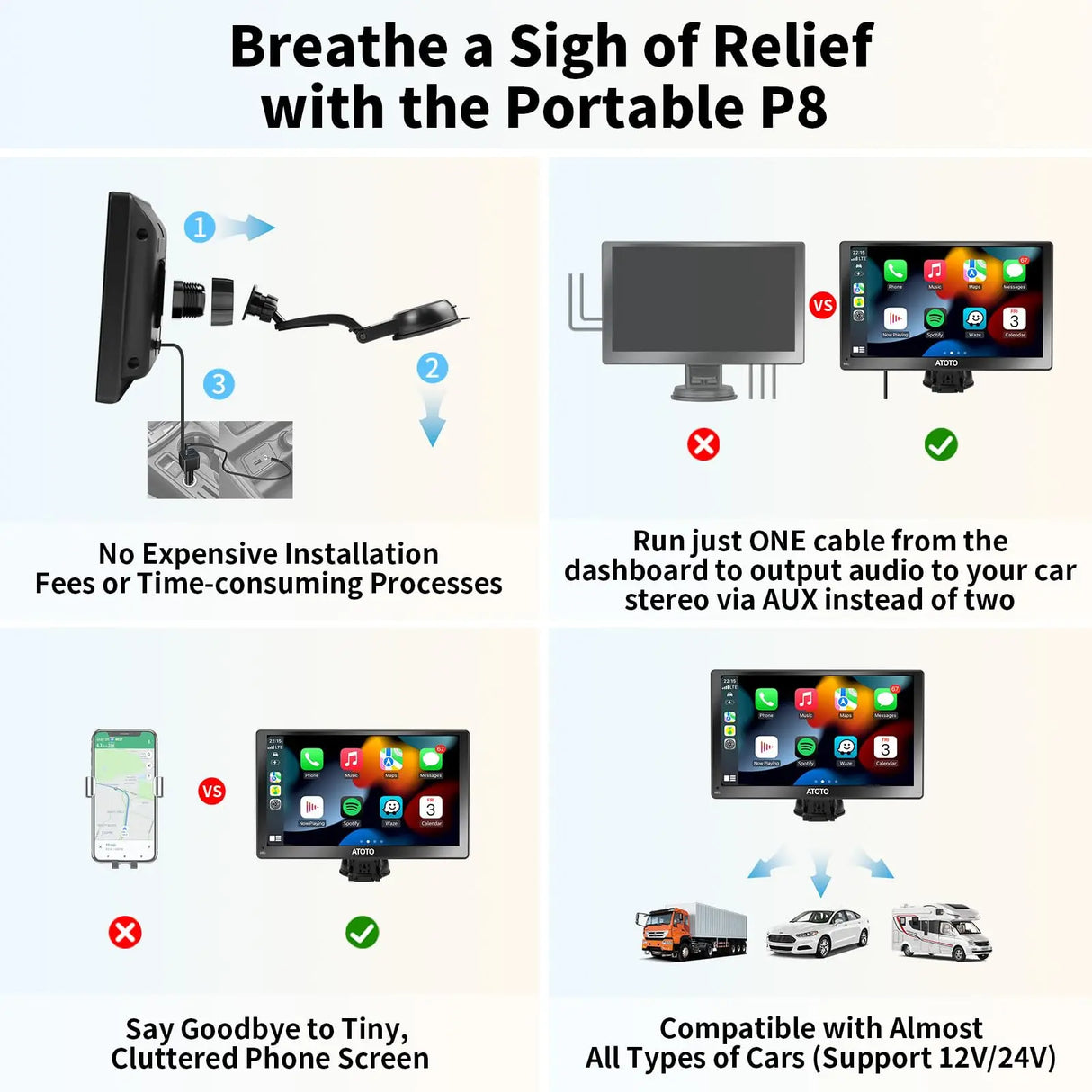 ATOTO P8 GPS Pour Voiture 7" - Android Auto/CarPlay Sans Fil, Double Caméra 1080P, WDR, Variateur Auto, Charge Rapide