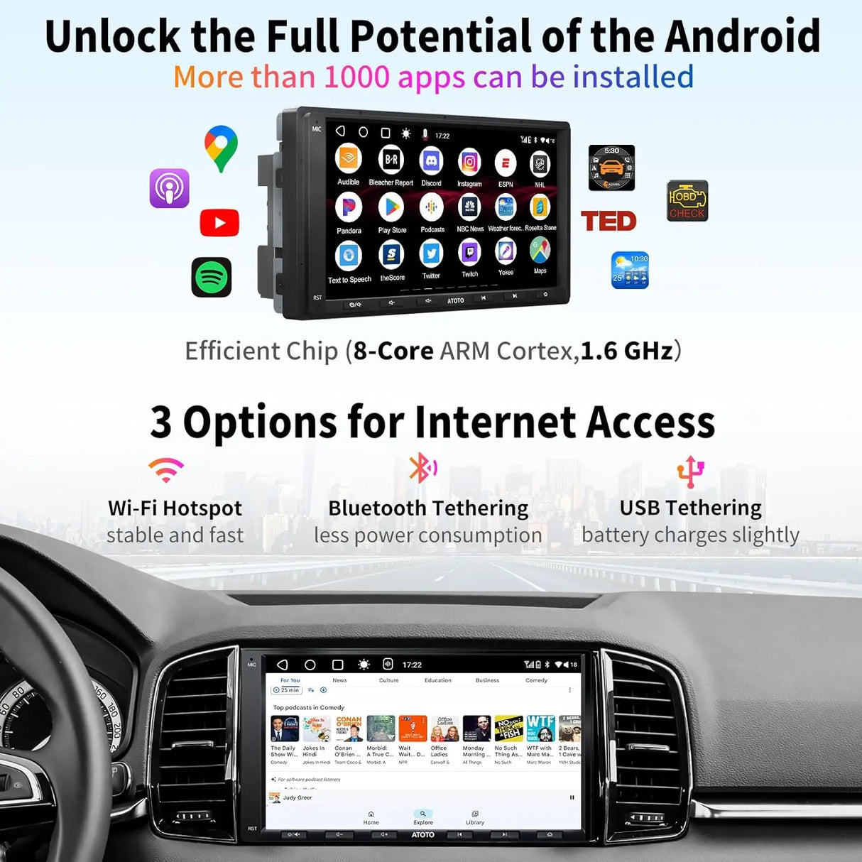 ATOTO A6G2A7PF 7" Double Din Car Stereo, Touchscreen Radio, DAB+ Ready, Wireless CarPlay & Android Auto, Dual Bluetooth, WiFi/BT/USB Tethering, MirrorLink, HD LRV, 2G+32G