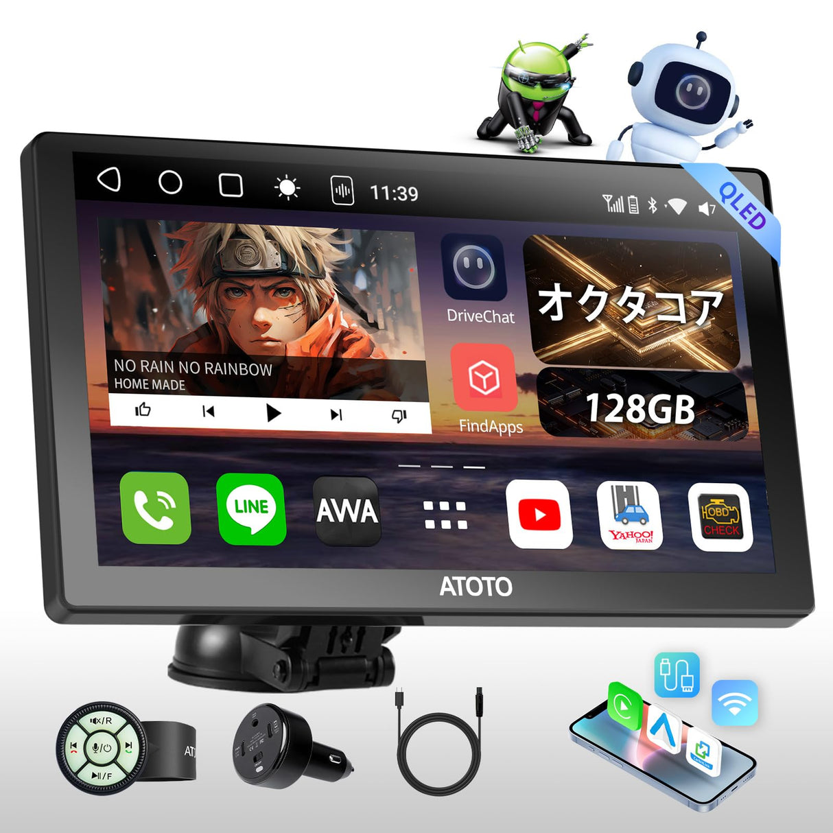ATOTO P9 Android カープレイ スクリーン、9インチQLED カーオーディオ、ワイヤレスカープレイ＆アンドロイドオート、4+32G アンドロイドヘッドユニット、ChatGpt、WiFi/USB/BT/4G テザリング、ミラーリンク、GPSナビ、P909PR1X 