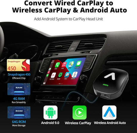 ATOTOLUXE AD6 Carplay AI Box, Wireless CarPlay/Wireless Android Auto Adapter Support Netflix YouTube, Android Magic AI Box with GPS Tracking, AI Voice Dongle with Bluetooth, 4+64GB
