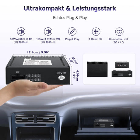ATOTO CA-AEC122DL Kompakter 4-Kanal Auto-Verstärker, RMS 4x60W, Klasse D TI TPA3221, 2m Stromkabel, Anpassbarer EQ, Kompatibel mit ATOTO Autoradios