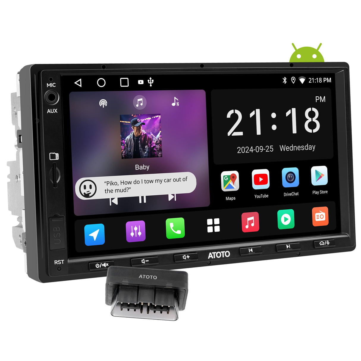 ATOTOEXCEL A5L 2DIN Car Radio Android with OBD2 Diagnostic Device, 7 Inch Double DIN Radio with Screen, WiFi/BT Tethering, Wireless CarPlay, Wireless Android Car, 24-Band EQ, 2G + 32G (7 Inch with