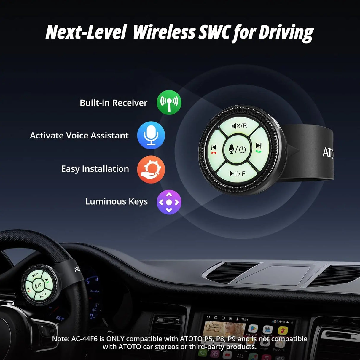ATOTO AC-44F6 Wireless Remote for P5/P8/P9 - Luminous Buttons, Key Mapping, Watchband Style (Not for A5/A6/F7/S8)