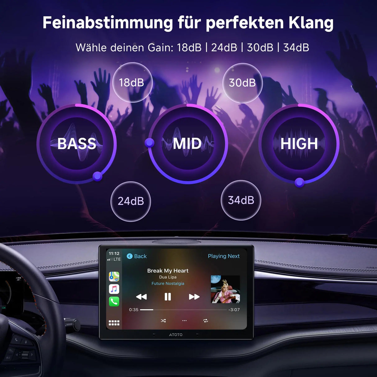 ATOTO CA-AEC122DL Kompakter 4-Kanal Auto-Verstärker, RMS 4x60W, Klasse D TI TPA3221, 2m Stromkabel, Anpassbarer EQ, Kompatibel mit ATOTO Autoradios