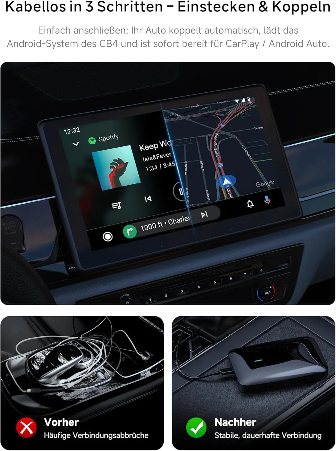 ATOTO CB4B Wireless CarPlay Adapter – Dual WLAN, Dual Bluetooth, 128GB TF-Karte, 4GB+32GB, Plug &amp; Play Android AI Box mit KI-DriveChat, Netflix/YouTube, Schwarz 