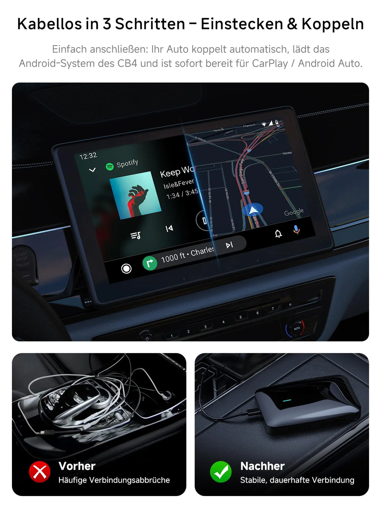 ATOTO CB4B Wireless CarPlay Adapter – Dual WLAN, Dual Bluetooth, 128GB TF-Karte, 4GB+32GB, Plug &amp; Play Android AI Box mit KI-DriveChat, Netflix/YouTube, Schwarz 