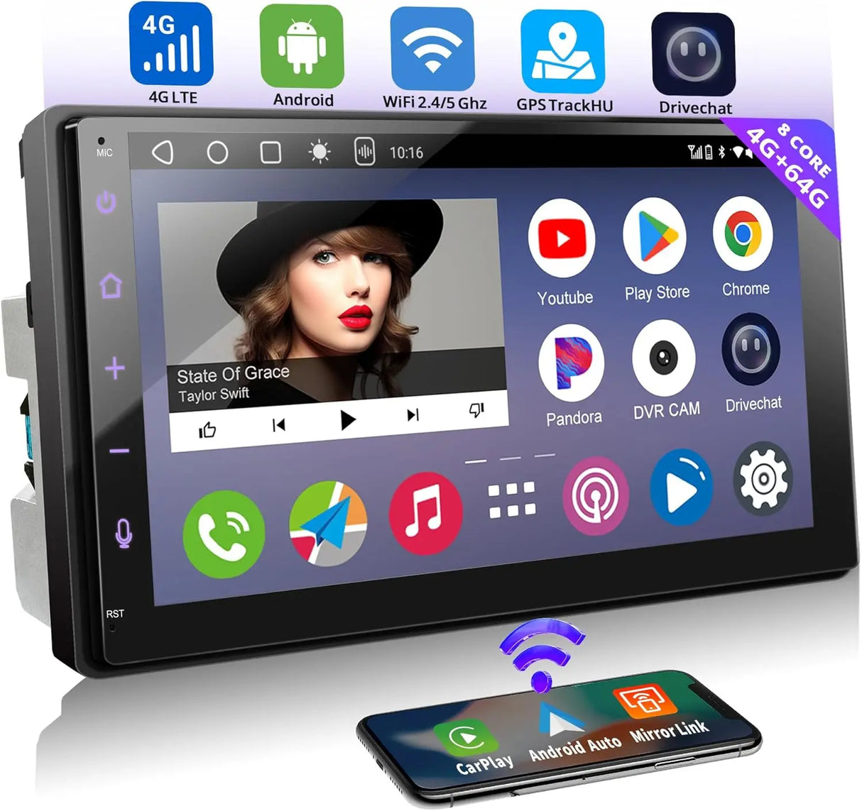 ATOTO A6G2B7PL 7" Double Din Car Stereo, 4G LTE, Wireless CarPlay and Android Auto, 4G+64G QLED Touchscreen, Microphone Included, 36-Band EQ, 2.4/5GHz WiFi, Bluetooth, GPS Tracker, Mirror Link