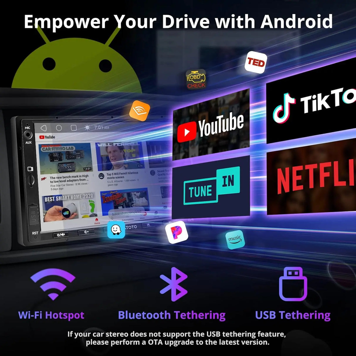 ATOTO A5LG2A7T 7" Double Din Car Stereo, Android, Wireless CarPlay & Android Auto, Bluetooth, GPS Tracking, 2G+32G, Wi-Fi/BT/USB Tethering, 24-Band EQ, FM/AM, TF Card