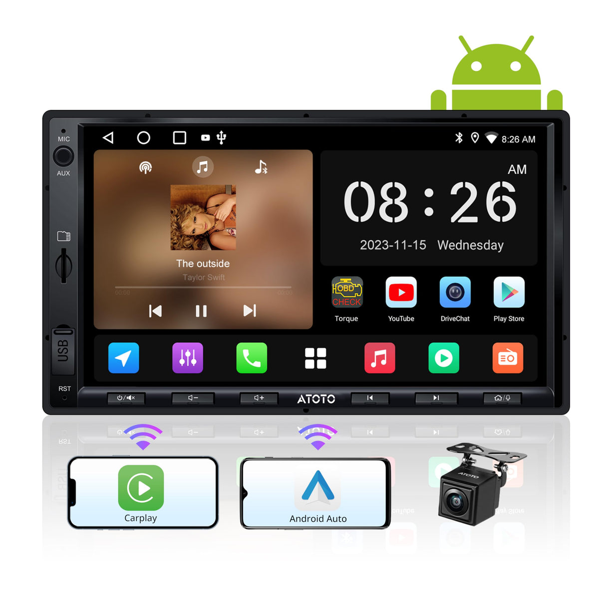 ATOTO A5 Autoradio 2 Din Android, 7" Écran Tactile Récepteurs multimédia, CarPlay et Android Auto sans Fil, Connexion WiFi/Bluetooth/USB, Caméra de recul, Phonelink, 24B-EQ DSP, 2G+32G, FM/RDS