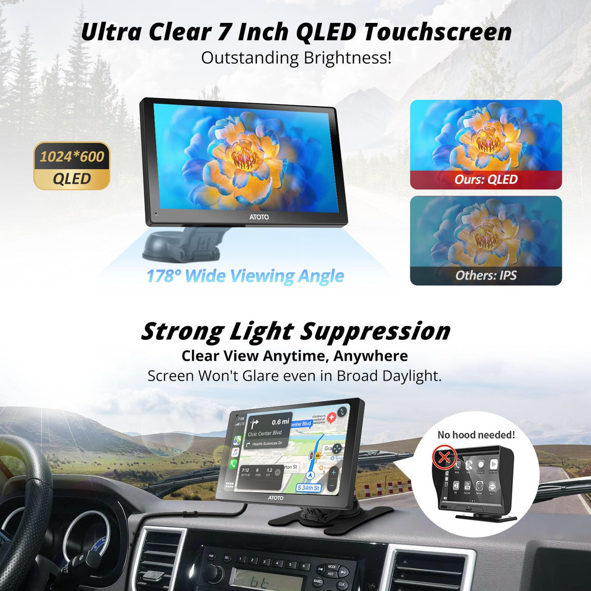 ATOTO P5 Tragbares Autoradio 7-Zoll QLED Blendfreies Touchscreen, Wireless CarPlay/Android Auto, Automatische Dimmung, PhoneLink, Bluetooth, AUX/FM-Ausgang, 4 Audioausgänge, GPS Navi, P507SD-S01 