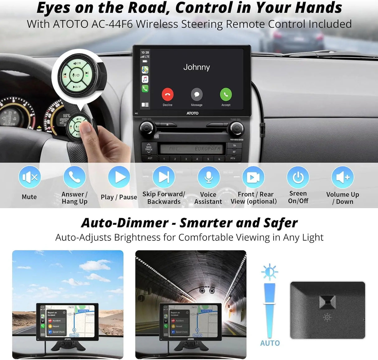 ATOTO P5 7" GPS für Auto – Fernbedienung, QLED-Touchscreen-Touchscreen, drahtloses CarPlay, Android Auto, MirrorLink, Bluetooth, AUX/FM-Versorgung, automatischer Dimmer, tragbares Autoradio