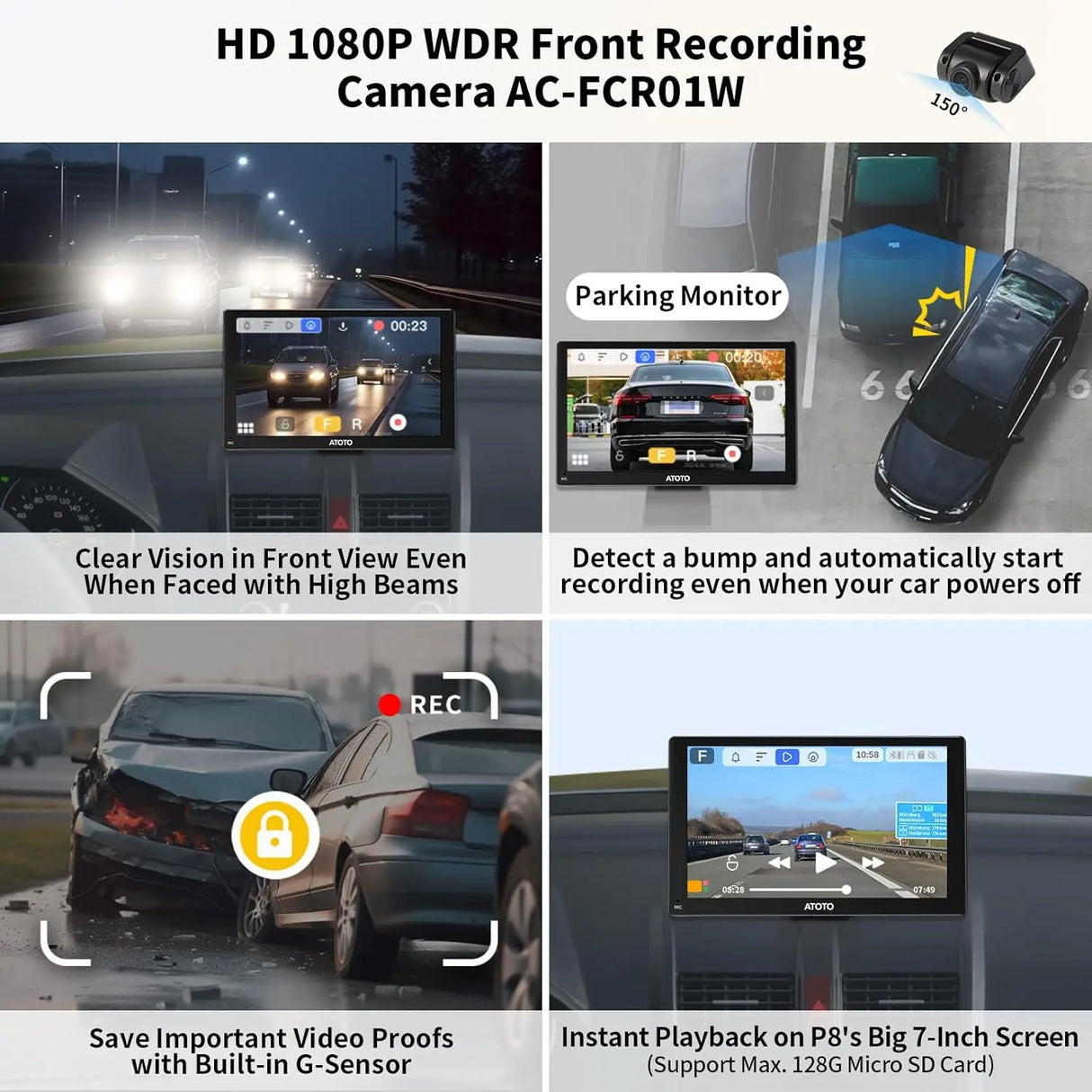 ATOTO P8 Portable Wireless Carplay Android Auto Screen, 7" QLED Glare-Suppressing Car Stereo with GPS Navigation,1080P Dash Cam, WDR & Auto Dimmer, Remote Control, Voice Assistant, P807SD-FC