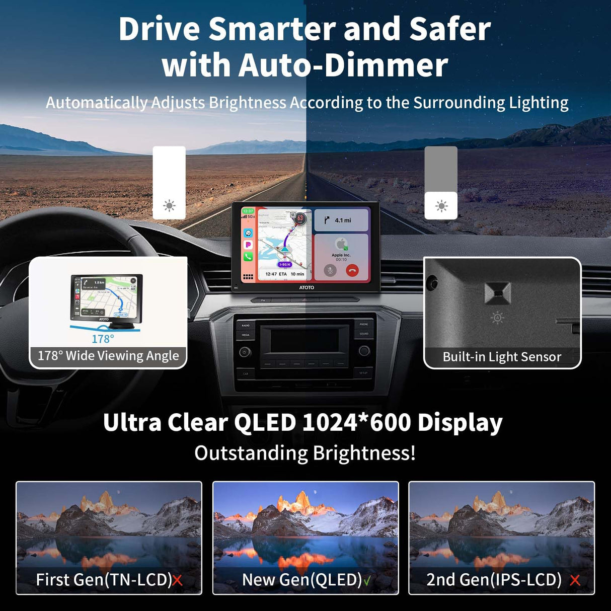 Portable Carplay & Android Auto Screen, ATOTO P8 Car Play Stereo with 7inch QLED Glare-Suppressing Touchscreen Display, HD 1080P WDR Rear Cam, OTA Upgrade, Remote Control, P807SD-RC
