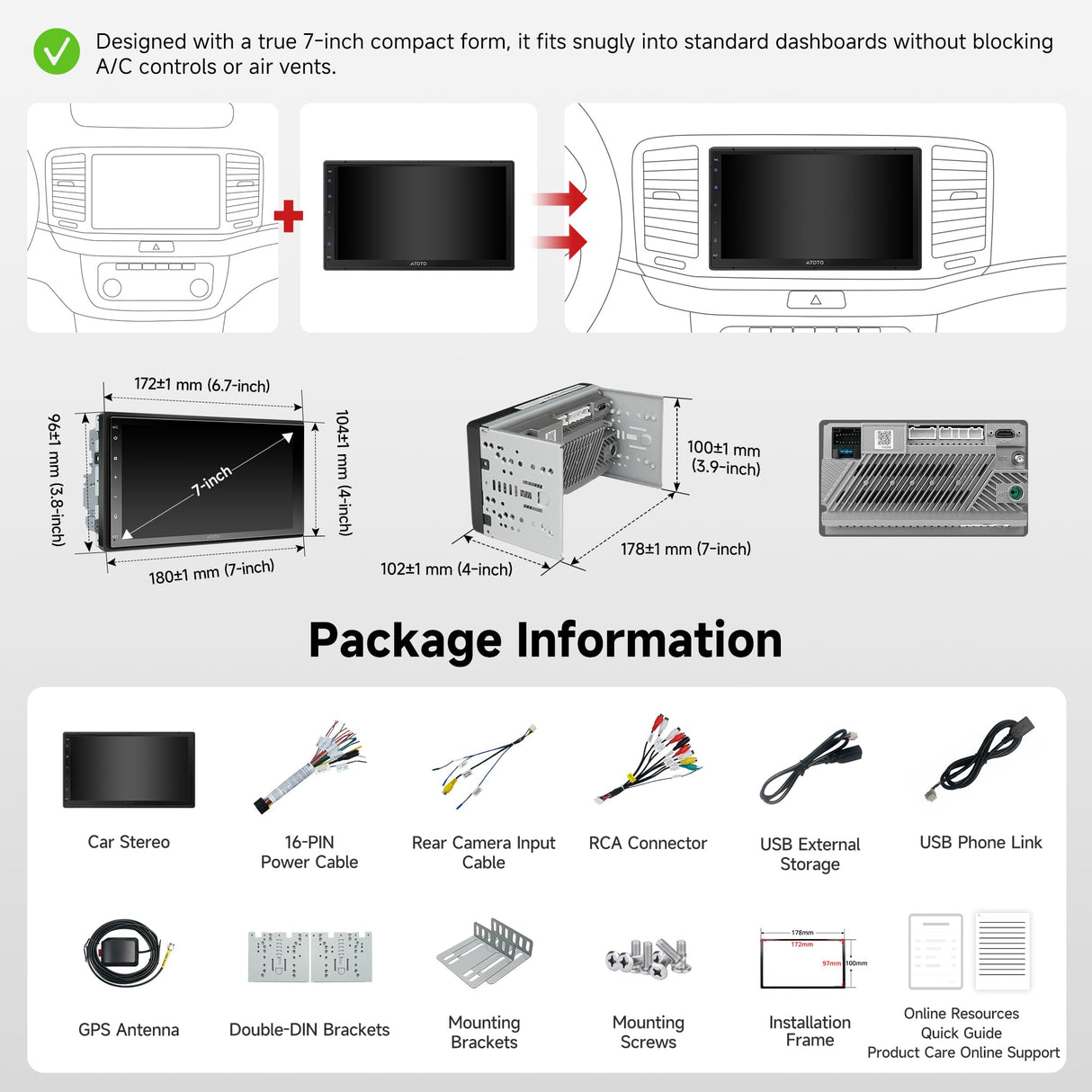 ATOTO A5L Android Double DIN Car Stereo, 7inch Car Radio with Wi-Fi/Bluetooth/USB, Wireless CarPlay & Wireless Android Auto, GPS Tracking, 24EQ, DSP, Mirror Link, HD LRV, A5LG2B7T