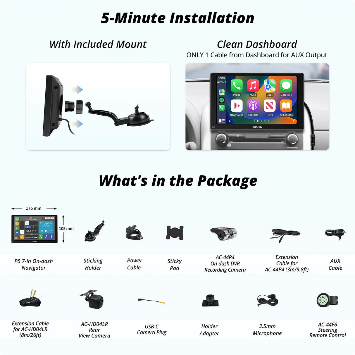 ATOTO P5 9" Portable Car Stereo, Glare-Suppressing QLED Screen, Wireless CarPlay and Android Auto, GPS Navigation, Bluetooth, AUX/FM Output, Phone Mirroring, Voice Assistant