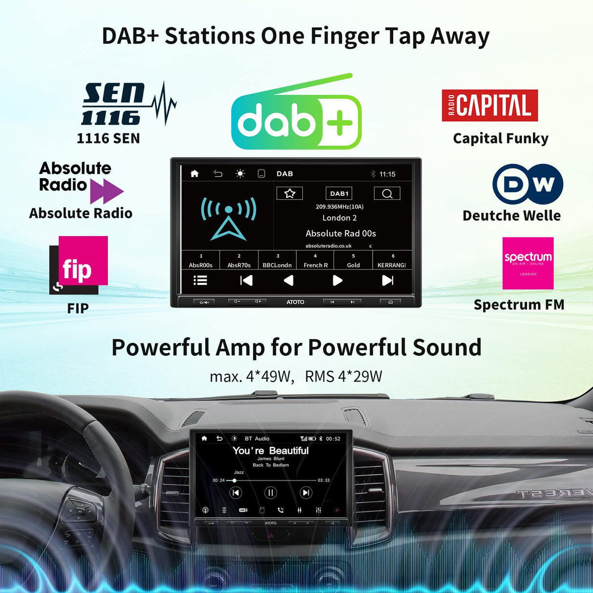ATOTO F7XE 10 Inch Built in DAB+ Double-DIN & Single-DIN Adaptive Car Stereo, QLED Touchscreen DAB Car Radio &Bluetooth, Wireless CarPlay & Android Auto, MirrorLink, Voice Control, F7G110XED