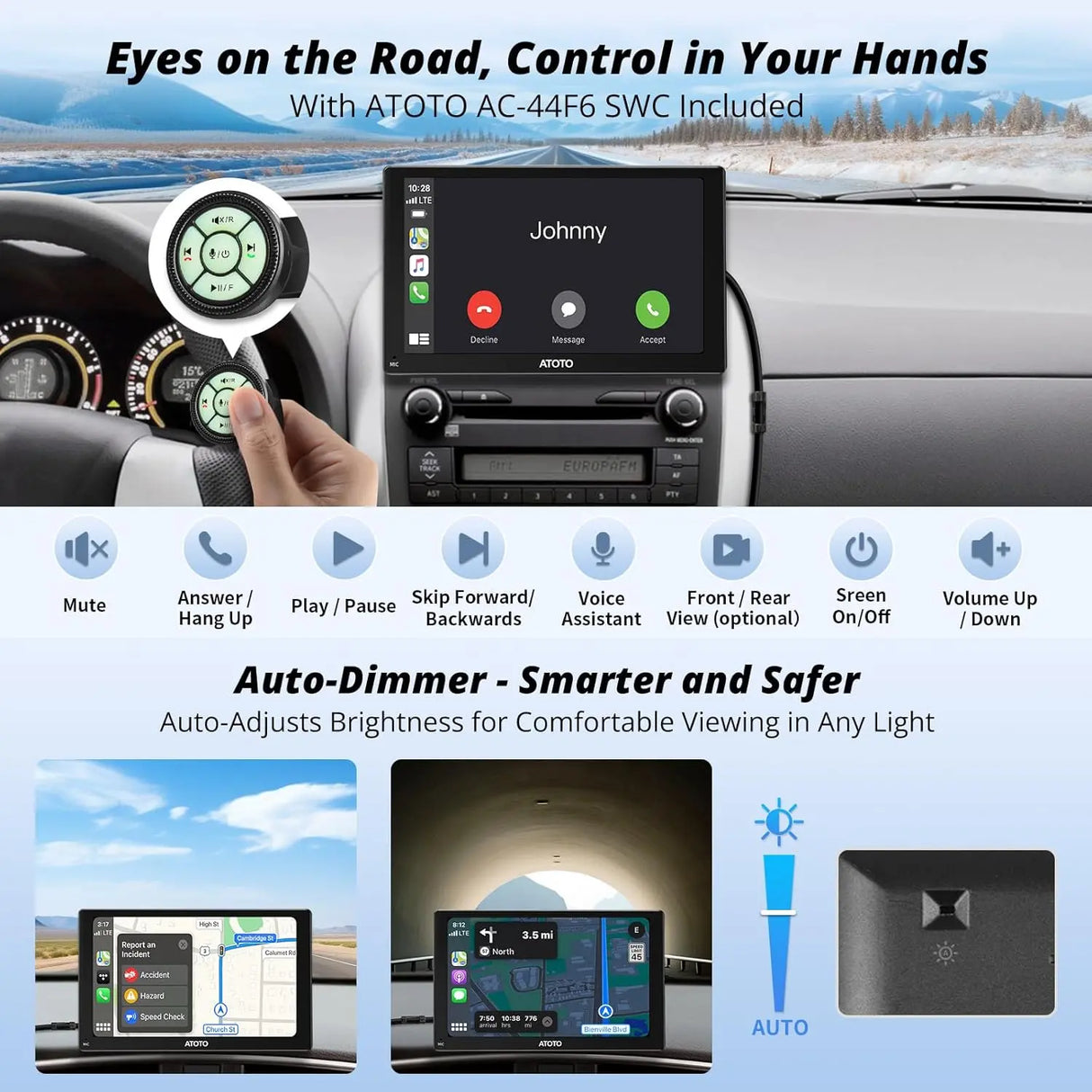 ATOTOEXCEL Tragbarer Carplay-Bildschirm für Android Auto mit 1080P- und SWC-Retromarcia-Telekamera, P5 Tragbares drahtloses Autoradio mit Carplay-Navigation, 7 Zoll QLED-Touchscreen, Mirrorlink