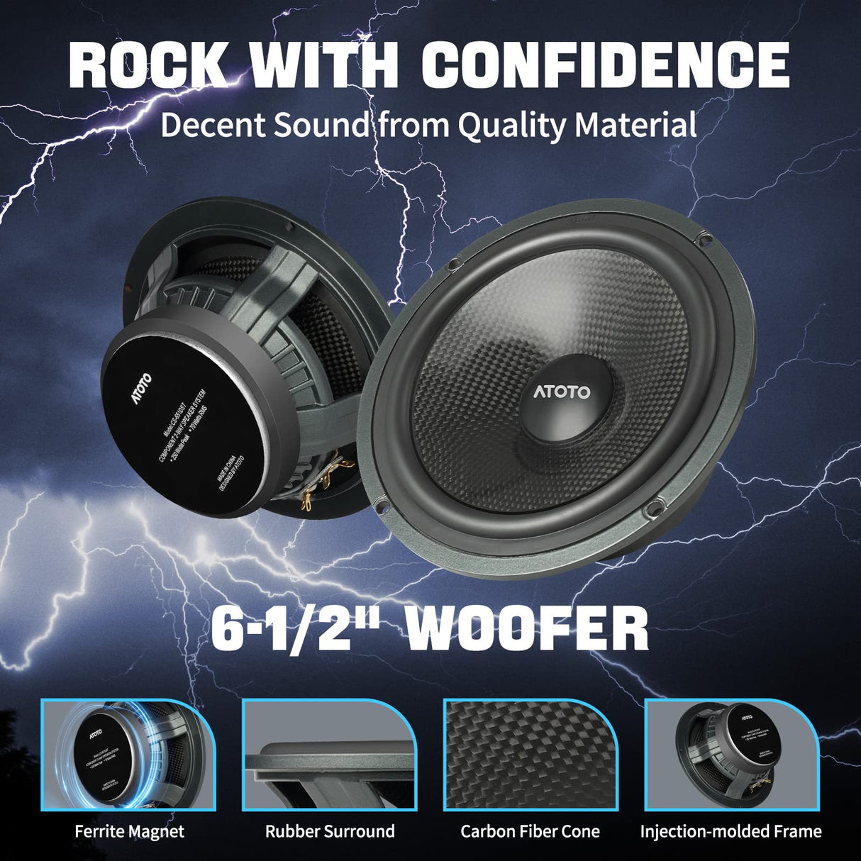 ATOTO CS-651DST 6.5 Inch 2-Way Car Component Speakers System, 6.5″ Mid-Bass Speakers + 1″ Tweeters with Crossovers, 4 Ohm Car Audio Door Speaker Set