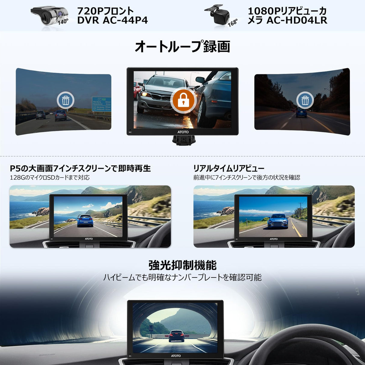 ATOTO P5 ポータブルカーナビ、7インチ QLEDタッチカーステレオ、ワイヤレスCarplay ワイヤレスAndroid Auto、ミラーリンク、Bluetooth、1080pフロント＆リアビューカメラ搭載、オートディマー、ステアリングホイールコントロール、AUX/FM出力、P507SD-S31